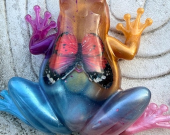Handmade Resin Frog Figurine | Pastel Rainbow Butterfly Decor, Whimsical Shelf Art
