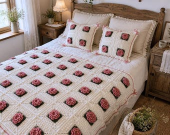 Handgehäkeltes 3D-Rosen-Deckenset mit 2 Kissen, Altrosa, Landhausstil