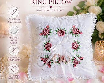 Cojín para anillos de boda con rosas bordadas, 20 x 20 cm, cojín de satén para el portador de anillos, accesorio nupcial floral romántico, recuerdo para toda la vida.
