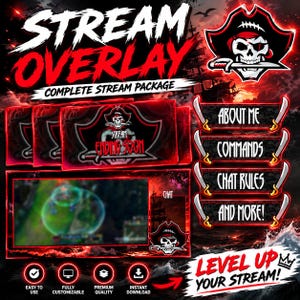Könnte beinhalten: Ein Stream-Overlay-Paket im Piraten-Design mit Totenkopf-Logo und Schwert, rotem und schwarzem Farbschema sowie Texten wie Stream Overlay, Complete Stream Package, About Me, Commands, Chat Rules, And More und Level Up Your Stream für Gaming-Kanäle.