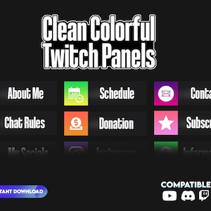 Könnte beinhalten: Saubere, farbenfrohe Twitch-Panels mit Symbolen für Über mich, Zeitplan, Kontakt, Chat-Regeln, Spenden und Abonnieren. Das Design enthält Social-Media-Symbole und den Text "Sofort-Download" und "Kompatibel".