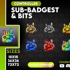 May include: A set of 6 animated Twitch sub badges featuring a cartoon controller with a rock and roll hand gesture. The badges are in different colors, including rainbow, blue, red, gold, silver, and black. The badges are available in 3 sizes: 18x18, 36x36, and 72x72. The text "SUB-BADGEST & BITS" is at the top of the image. The text "SIZES" is below the badges. The text "INSTANT DOWNLOAD" is below the sizes. The text "COMPATIBLE" is at the bottom right of the image. The text "YouTube, Discord, Twitch" is below the word "COMPATIBLE".