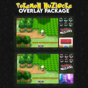 Può includere: Un pacchetto di sovrapposizioni digitali per le run di Pokemon Nuzlocke. Il pacchetto include un set di sei icone Pokemon, un logo Pokemon Nuzlocke e una barra rossa e bianca con un'immagine sfocata di uno schermo di gioco Pokemon.