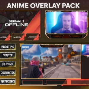 Puede incluir: Un conjunto de superposiciones de transmisión de Twitch con temática de anime con un esquema de color dorado y rojo. Las superposiciones incluyen una pantalla de transmisión fuera de línea, un cuadro de chat, un marco de cámara web y botones de redes sociales.