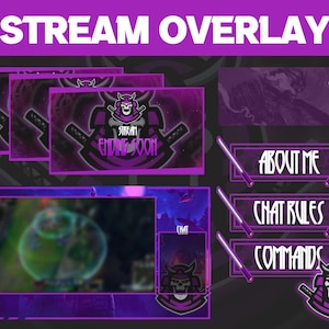 Puede incluir: Superposición de transmisión púrpura y blanca con un gráfico de guerrero samurái. La superposición incluye una pantalla de juego, un cuadro de chat y botones para "Acerca de mí", "Reglas de chat" y "Comandos".