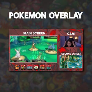 May include: A red and black overlay for a Pokemon video game stream. The overlay has a main screen, a second screen, and a camera feed. The main screen shows a Pokemon battle, the second screen shows a map, and the camera feed shows a person playing the game. The overlay also includes a title that says "Pokemon Overlay" and a section that says "Main Screen", "Cam", and "Second Screen".