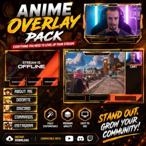 May include: An anime overlay pack for video streaming featuring a dark theme with orange glowing borders. Includes various interface elements like a webcam frame, chat box, stream status screens, and buttons labeled About Me, Donate, Discord, Commands, and Instagram.