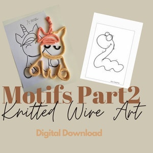 May include: Two printable patterns for knitted wire art. The first pattern is a unicorn and the second pattern is a worm. The patterns are black and white and have numbered dots to follow.