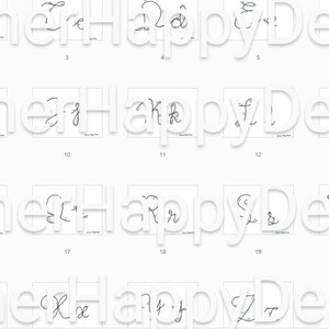May include: A set of 21 cards, each displaying a different cursive letter of the alphabet. The cards are arranged in rows and columns, with each card showing a single letter in black ink on a white background. The words "Happy Design" are written in white across the image.