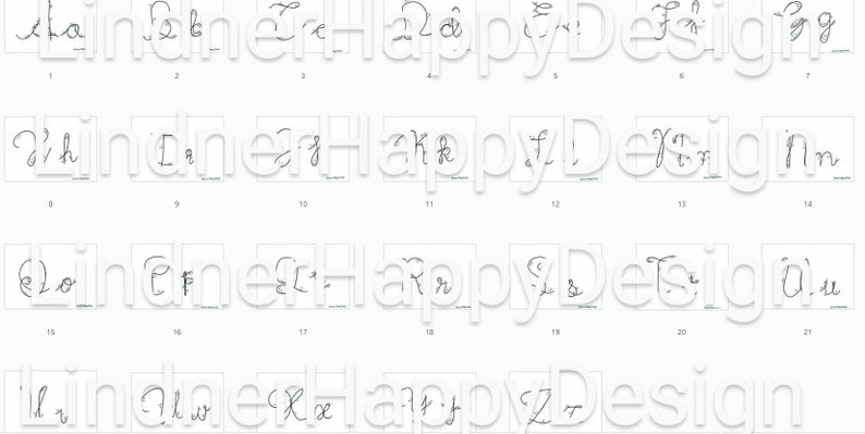 May include: A set of 21 cards, each displaying a different cursive letter of the alphabet. The cards are arranged in rows and columns, with each card showing a single letter in black ink on a white background. The words "Happy Design" are written in white across the image.