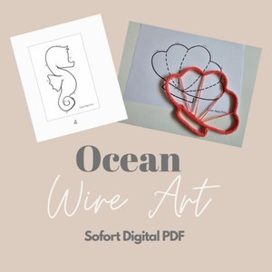 May include: Two printable ocean-themed wire art patterns. One pattern is of a seahorse and the other is of a seashell. The patterns are black and white and have numbers on them.