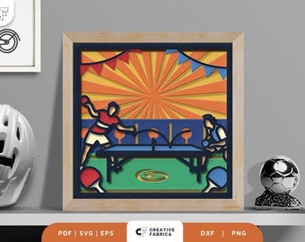 May include: A digital paper craft design featuring two people playing table tennis. The design is set against a colorful background with a sunburst pattern and blue and red bunting.