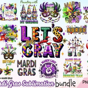 Puede incluir: Un conjunto de 16 diseños de sublimación de Mardi Gras coloridos con varios temas, que incluyen gnomos, máscaras, cangrejos de río y la frase "Let's get cray".