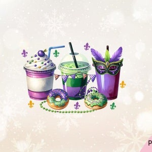 May include: Three colorful drinks with purple, green, and white frosting, topped with a purple and green Mardi Gras mask, and two green and purple donuts with white frosting.