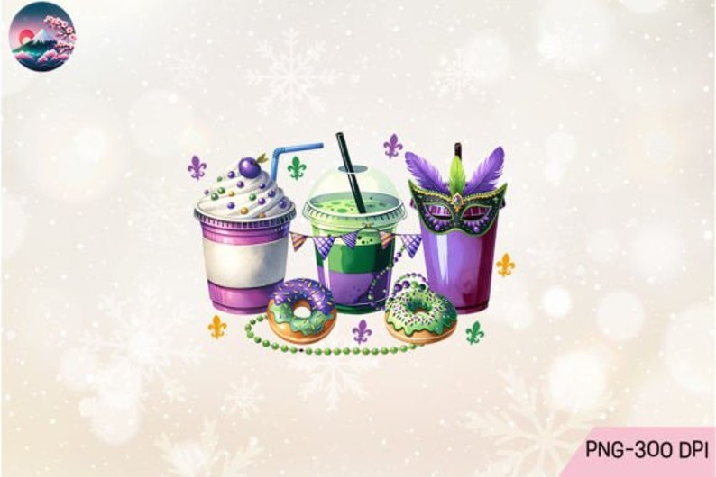 May include: Three colorful drinks with purple, green, and white frosting, topped with a purple and green Mardi Gras mask, and two green and purple donuts with white frosting.