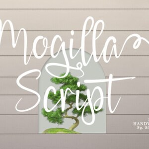 May include: White script font design with the text "Mogilla Script" on a light wood background. The text is in a modern handwritten style. The text is partially obscured by a small green tree in a window.