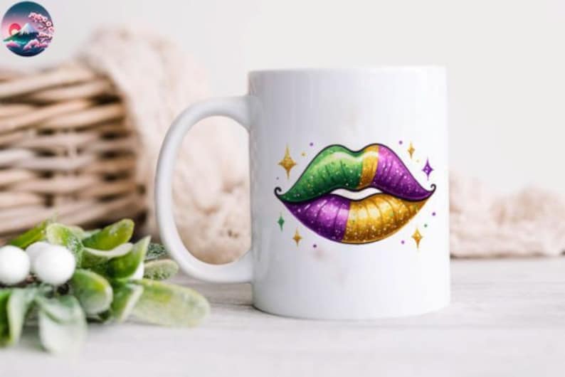 May include: White ceramic mug with a green, gold, and purple glitter lips design. The lips are outlined in gold and have a sparkle effect.