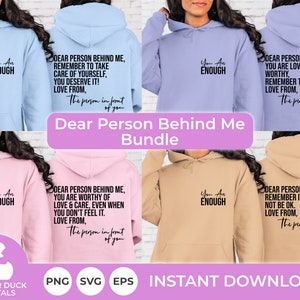 May include: A set of four digital designs featuring a hoodie with the text "You Are Enough" and a message for the person behind the wearer. The designs are in pink, blue, and beige.