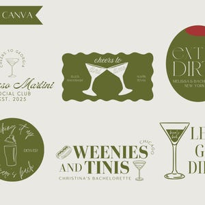 Puede incluir: Logos ilustrados en verde y blanco para despedidas de soltera. Los logos presentan copas de martini, cócteles y frases como "Cheers to Georgia", "Extra Dirty", "Let's Get Dirty" y "Weenies and Tinis".