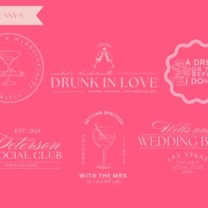 May include: A pink background with white text and illustrations of cocktails. The text includes "Martini & Marriage", "Drunk in Love", "A Drink for Two Before I Do", "Getting Spritzed", "Wells and Wedding Bells", "Peterson Social Club", and "With the Mrs."
