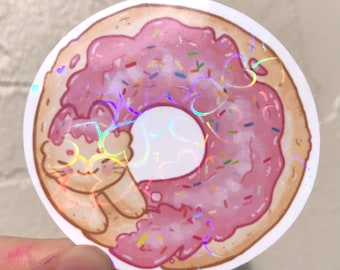 Strawberry Donut Cat Sticker | Holographic Heart Pattern