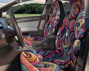 Puede incluir: Un par de fundas para asientos de coche coloridas con un diseño psicodélico que presenta caras abstractas y remolinos. Las fundas están hechas de una tela suave y cómoda y son fáciles de instalar.