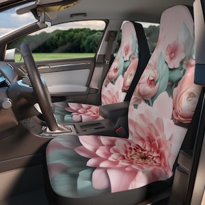 Funda de asiento de coche con diseño floral rosa para niña, protector de asiento de coche rosa brillante, funda de asiento delantero con flores, decoración interior de coche rosa para niña