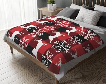 Kocyk świąteczny Buffalo Check Minky: krata w renifery i płatki śniegu