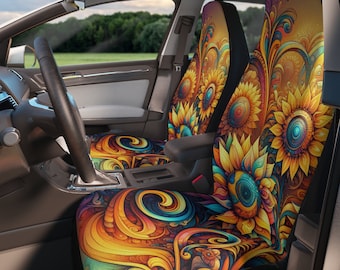 Coprisedili per auto con girasoli: decorazioni floreali eclettiche in stile boho (set da due)
