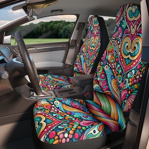Juego de dos fundas para asientos de coche con diseño retro brillante, protectores florales bohemios, regalos para conductores noveles, accesorios eclécticos para coche, decoración bohemia para coche, decoración hippie para coche.
