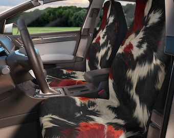 Conjunto de duas capas de assento de carro retrô rústicas em imitação de couro de vaca nas cores vermelho, laranja, preto e branco.