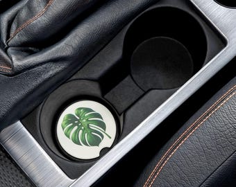 Juego de posavasos de esteatita con diseño de planta Monstera, regalo para amantes de las plantas, accesorios para el coche, juego de posavasos para vehículos, decoración verde para el coche, idea de regalo para conductores noveles