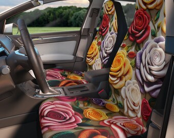 Puede incluir: Un juego de dos fundas para asientos de coche con un estampado floral colorido con una variedad de rosas en tonos rosa, rojo, amarillo, blanco y morado. Las rosas se representan en un estilo realista con detalles intrincados.