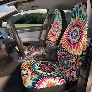 Juego de dos fundas para asientos de coche con estampado retro tie-dye, protectores florales bohemios, regalos para conductores noveles, accesorios eclécticos para coche, decoración bohemia para coche, decoración hippie para coche.