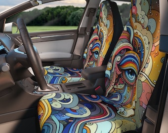 Puede incluir: Un par de fundas para asientos de coche coloridas con un diseño psicodélico que presenta patrones en espiral y un motivo de ojo. Las fundas están hechas de una tela suave y cómoda y son fáciles de instalar.