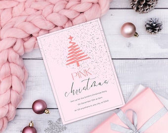 May include: Pink Christmas party invitation with a pink and silver glitter background and a pink Christmas tree graphic. The text reads "PINK christmas Join us for the Smith's Christmas Party On December 12th at 2pm At 123 anywhere stany city, st 12345"