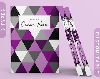 Puede incluir: Un cuaderno con un patrón geométrico de color morado, negro, blanco y gris con el texto "NOTES Custom Name" en la portada. El lomo del cuaderno es personalizable con texto.