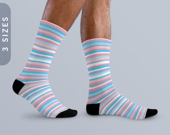 Trans Pride Socks | Transgender Flag Stripes Sublimation Socks | Transgender Socks | LGBTQ Trans FTM & MTF Gift | Striped Crew Socks