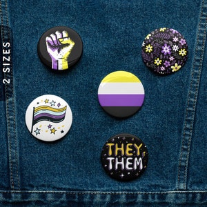Subtle Nonbinary Pin Buttons | Set of 5 Enby Pride Pins | Small 1.25&quot; & Large 2.25&quot; Sizes