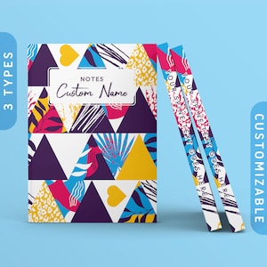 May include: A customizable notebook with a colorful geometric pattern featuring triangles, hearts, and tropical leaves. The cover is white with a yellow, blue, pink, and purple color scheme. The spine text reads "YOUR SPINE TEXT GOES HERE".