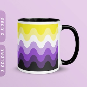 May include: A white ceramic mug with a black rim and handle. The mug features a wavy pattern in yellow, white, purple, and black colors.
