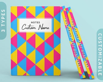May include: A stack of three notebooks with a geometric pattern of pink, yellow, and blue triangles. The front cover has the text "NOTES Custom Name". The spines of the notebooks have the text "YOUR SPINE TEXT GOES HERE".