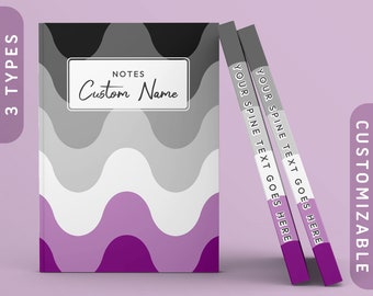 Puede incluir: Un cuaderno gris, blanco y morado con un patrón ondulado. La encuadernación del cuaderno es personalizable con texto. La portada tiene el texto "NOTES Custom Name".