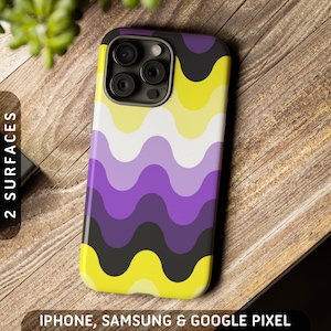 Könnte beinhalten: Eine Handyhülle mit einem wellenförmigen Muster in Gelb, Lila und Schwarz. Die Hülle hat einen Kameraausschnitt mit drei Objektiven.