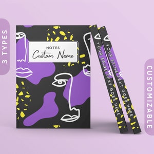 May include: A black notebook with a purple and yellow abstract design. The cover features a white line drawing of a face and the text "NOTES Custom Name". The spine of the notebook is black with yellow accents and the text "YOUR SPINE TEXT GOES HERE".