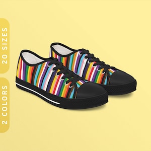 Progress Pride Flag Stripes Sneakers | Low Top Men&#39;s & Women&#39;s Sneakers | Black/White Sole | Progressive Pride Shoes | Rainbow LGBTQ Shoes