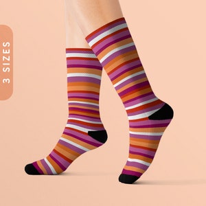 Lesbian Pride Socks | Lesbian Flag Stripes Sublimation Socks | Sapphic Flag | LGBTQ Lesbian Pride Gift | Orange & Purple Striped Crew Socks