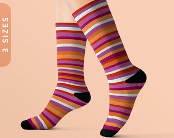 Lesbian Pride Socks | Lesbian Flag Stripes Sublimation Socks | Sapphic Flag | LGBTQ Lesbian Pride Gift | Orange & Purple Striped Crew Socks