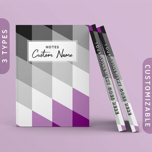 Puede incluir: Un cuaderno con un patrón geométrico de color morado, negro y blanco con el texto "NOTES Custom Name" en la portada. El lomo del cuaderno es personalizable con texto.