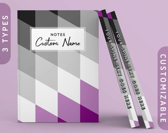 Puede incluir: Un cuaderno con un patrón geométrico de color morado, negro y blanco con el texto "NOTES Custom Name" en la portada. El lomo del cuaderno es personalizable con texto.